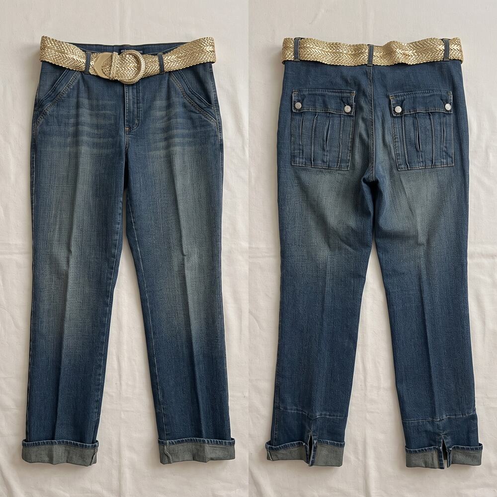 Vigoss Womens XL Y2K Retro Grunge Glam Belted Slit Hem Cuffed Flap Pocket Jeans